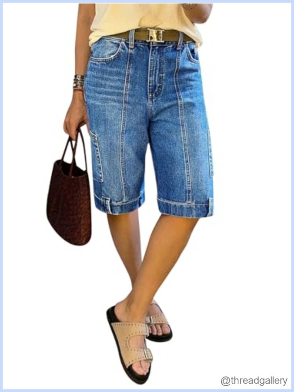 High Rise Straight Leg Bermuda Denim Shorts Patch Pockets